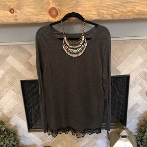 NWT Gray Sweater with black Lace Trim